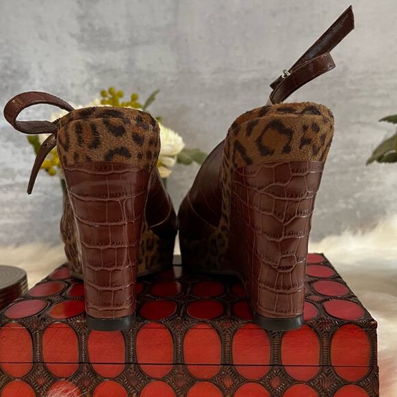 NEW RARE Spiegel Leather Platform Slingback Wedges Chocolate Leopard Sz 5.5 NWP - Picture 14 of 16
